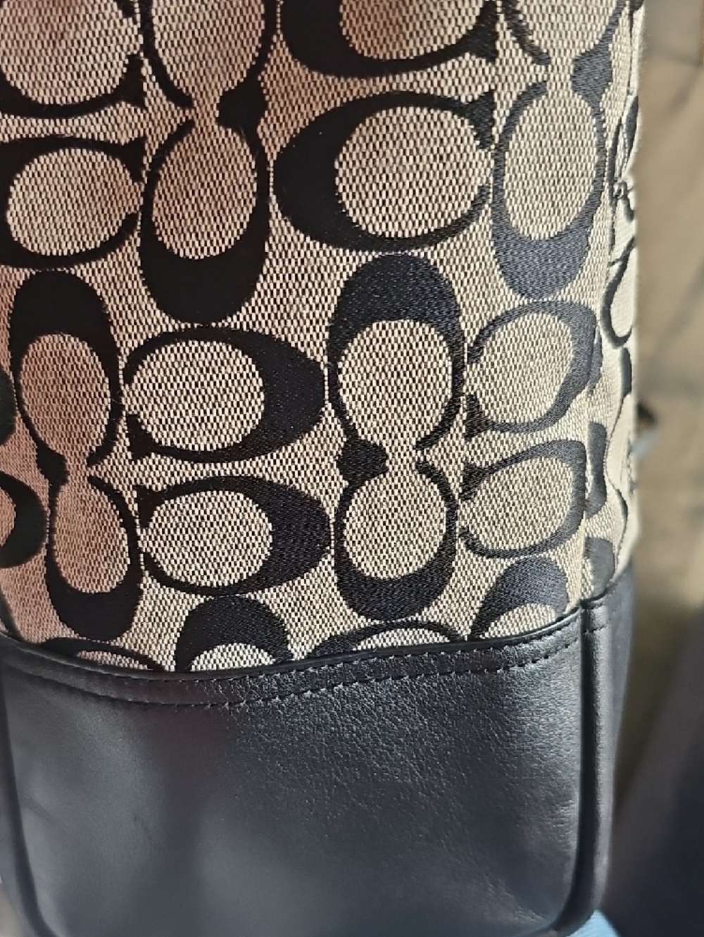 Coach Black Tan Signature Canvas Shoulder Bag Hand Large Size Leather Purse - Picture 6 of 12